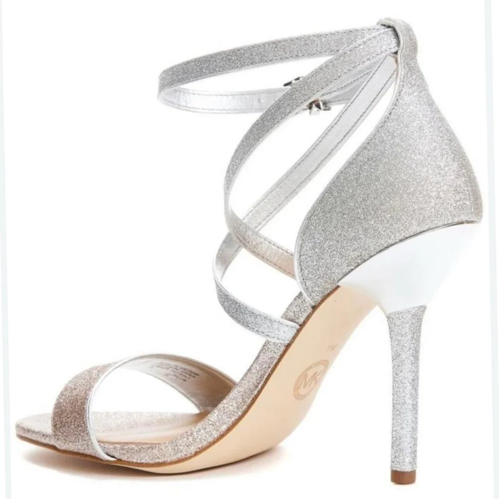 MICHAEL KORS Astrid 2-Tone Glitter Embellished Ankle Wrap Evening Sandal 37.5